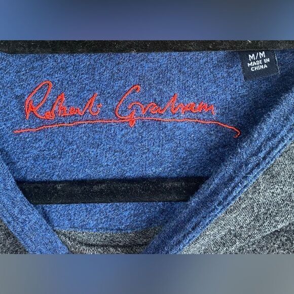 Robert Graham Mens Size Med Charcoal Blue Cotton Pull Over Long Sleeve T Shirt - Picture 2 of 5